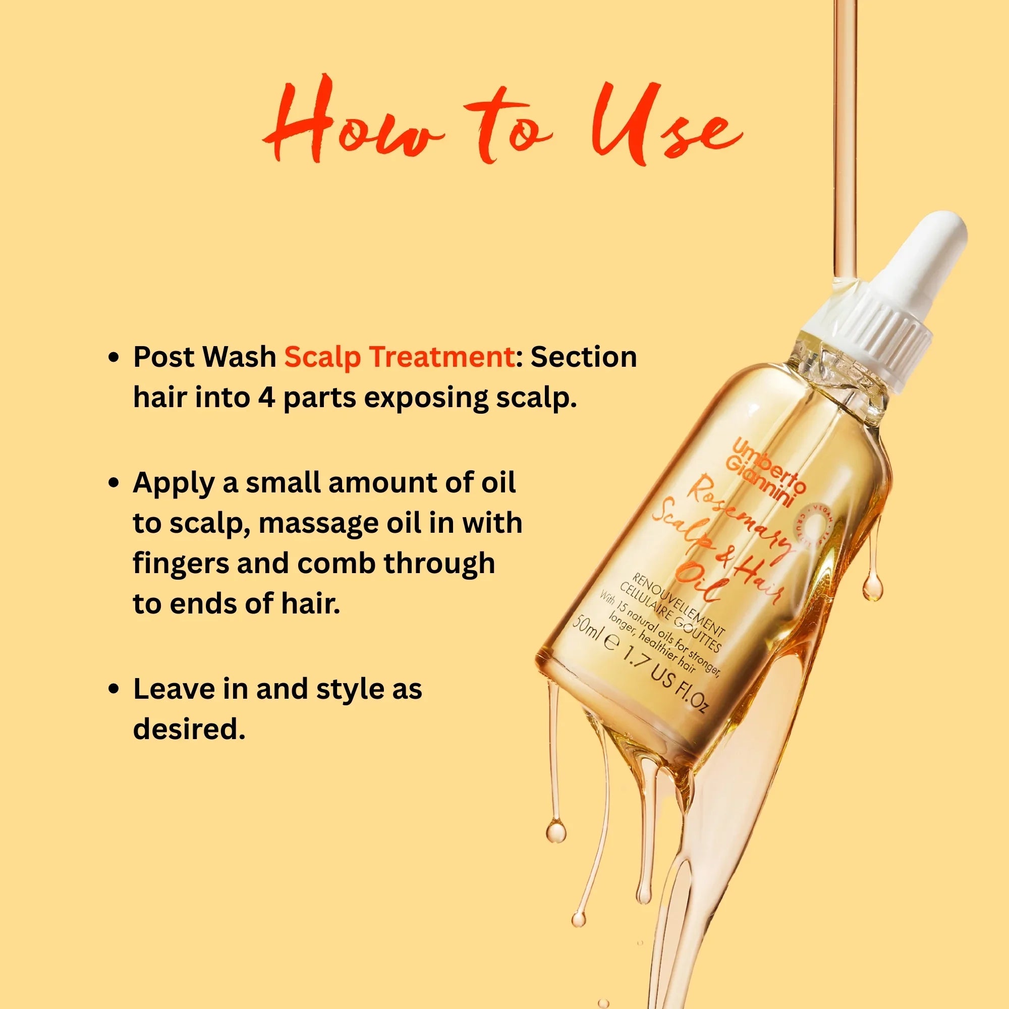 Umberto Giannini Rosemary Scalp & Hair Oil bottle with usage instructions for scalp treatment and styling