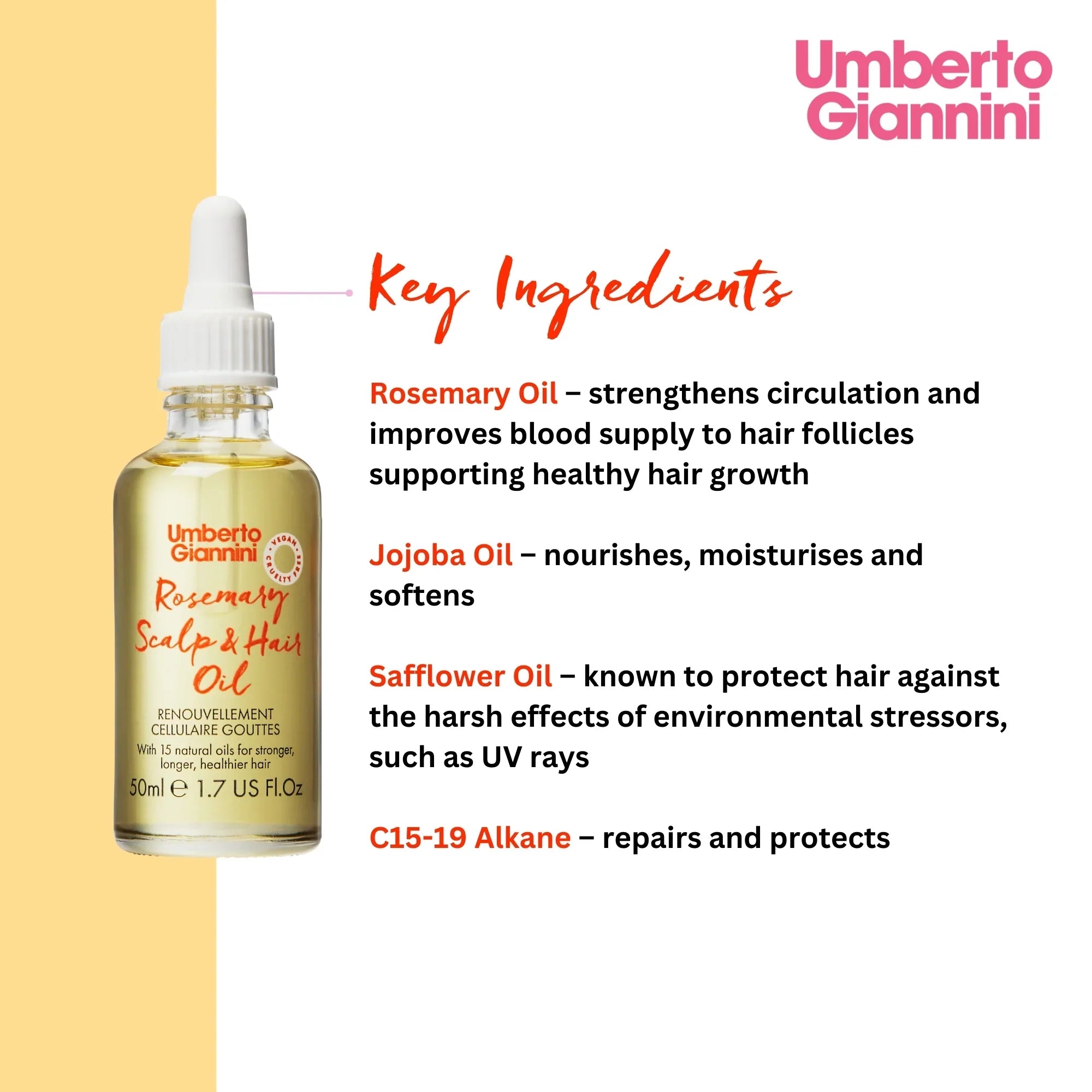 Umberto Giannini Rosemary Scalp & Hair Oil bottle with key ingredients and benefits listed on white and yellow background