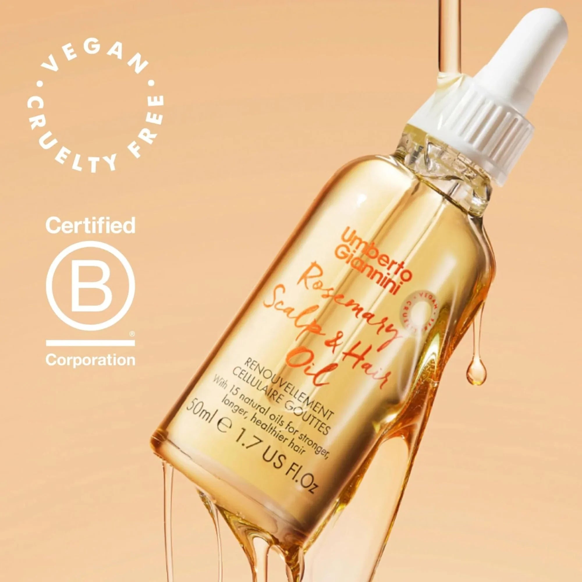 Umberto Giannini Rosemary Scalp & Hair Oil bottle with golden oil drop, vegan and cruelty-free, 50ml