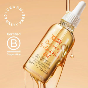 Umberto Giannini Rosemary Scalp & Hair Oil bottle with golden oil drop, vegan and cruelty-free, 50ml