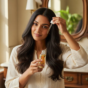 Woman holding and using a dropper bottle of rose may oil in a cozy, softly lit room with wooden furniture