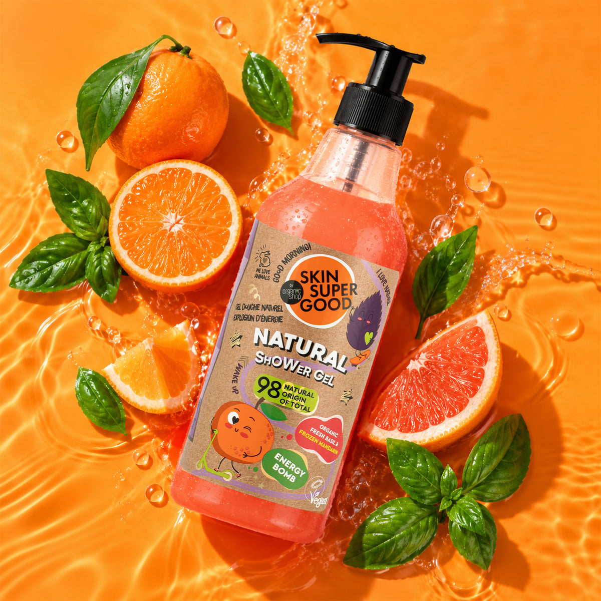SKIN SUPER GOOD by Organic Shop Natural Shower Gel 500ml | Energy Bomb Fresh Basil & Frozen Mandarin