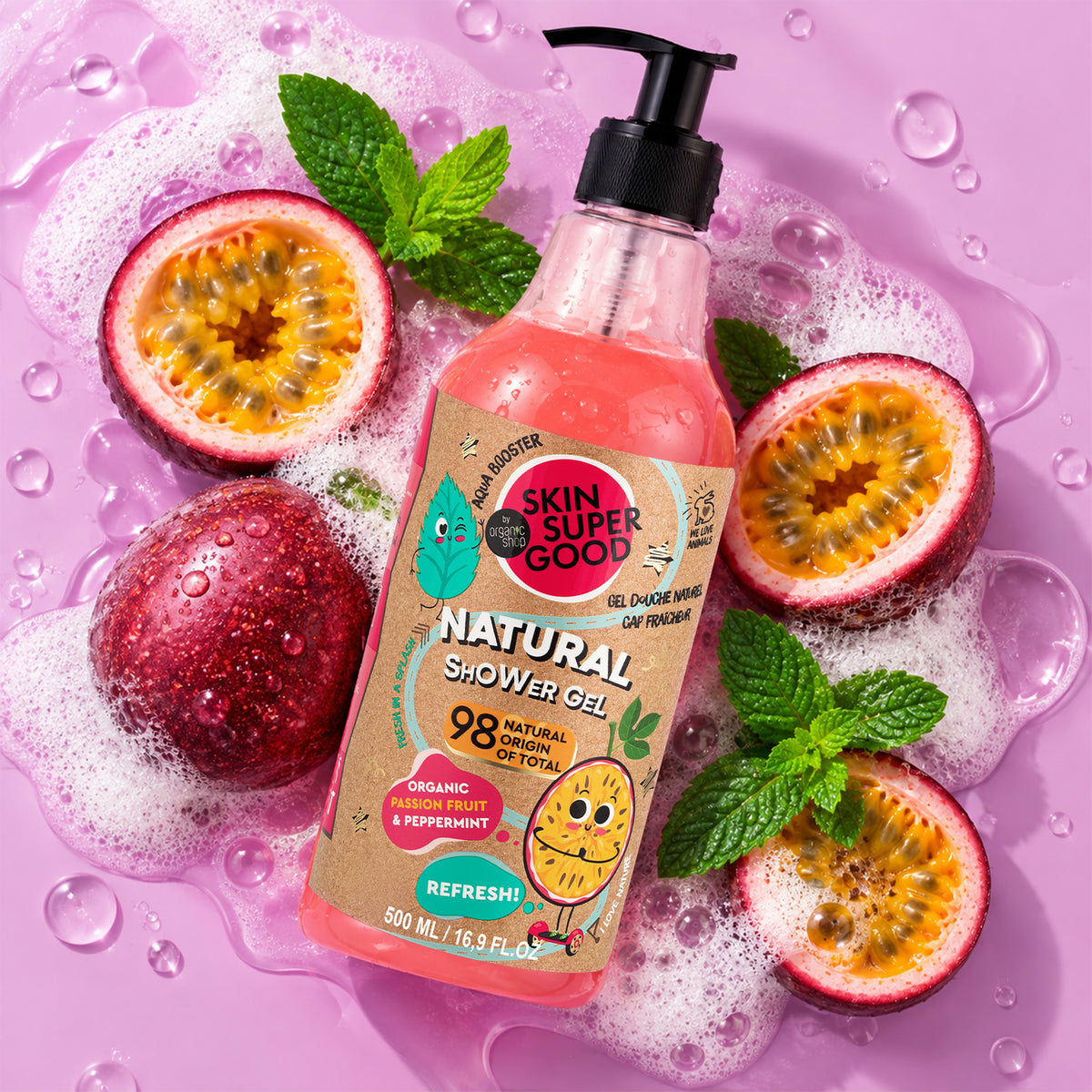 SKIN SUPER GOOD by Organic Shop Natural Shower Gel 500ml | Refresh Organic Passion Fruit & Peppermint