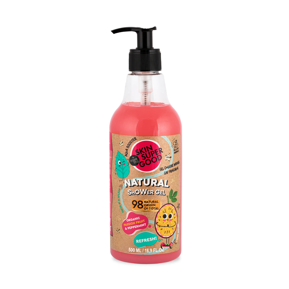 SKIN SUPER GOOD by Organic Shop Natural Shower Gel 500ml | Refresh Organic Passion Fruit & Peppermint