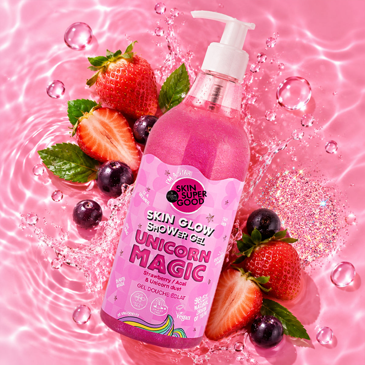 SKIN SUPER GOOD by Organic Shop Skin Glow Shower Gel 500ml | Unicorn Magic Strawberry & Acai