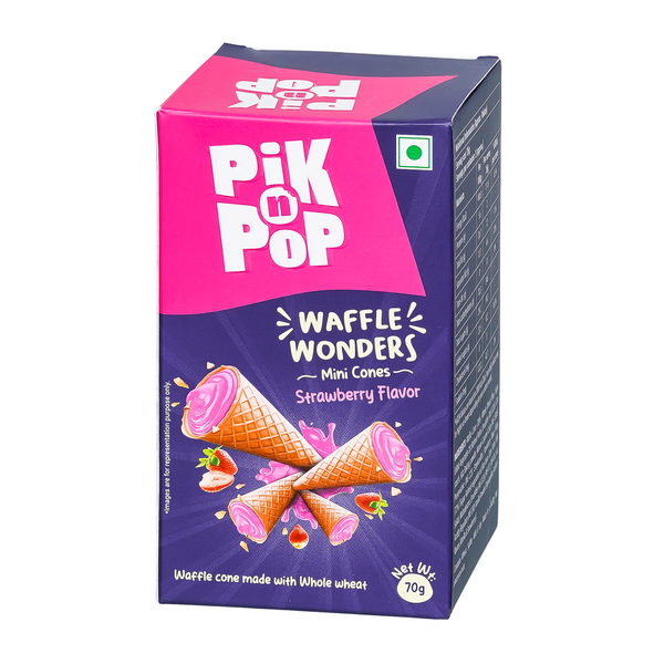 Pik n Pop Strawberry Flavour Mini Waffle Cones | Pack of 4 boxes, 280g | Whole Wheat | Eggless