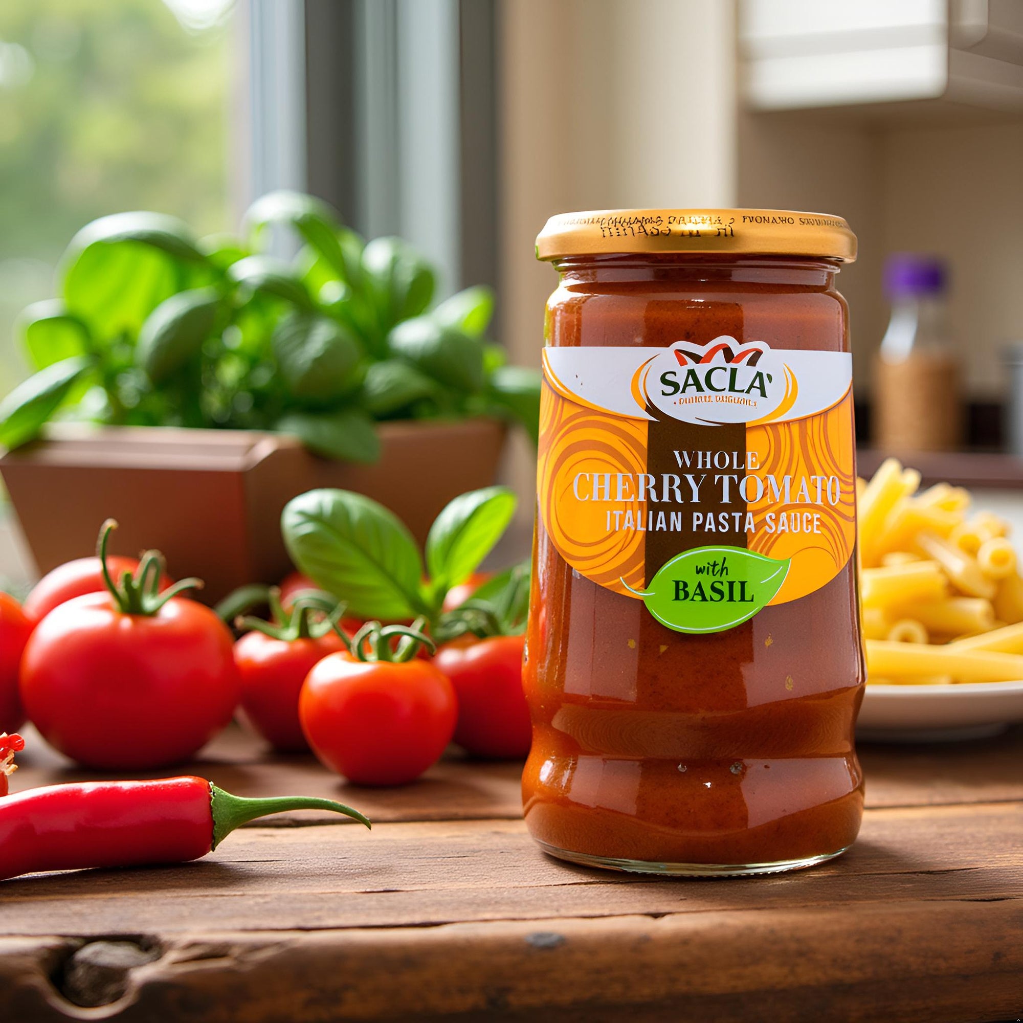 Jar of Sacla whole cherry tomato Italian pasta sauce on a wooden table with fresh tomatoes and basil.