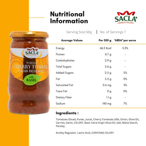 Nutritional information for a jar of Sacla whole cherry tomato Italian pasta sauce on a white background.
