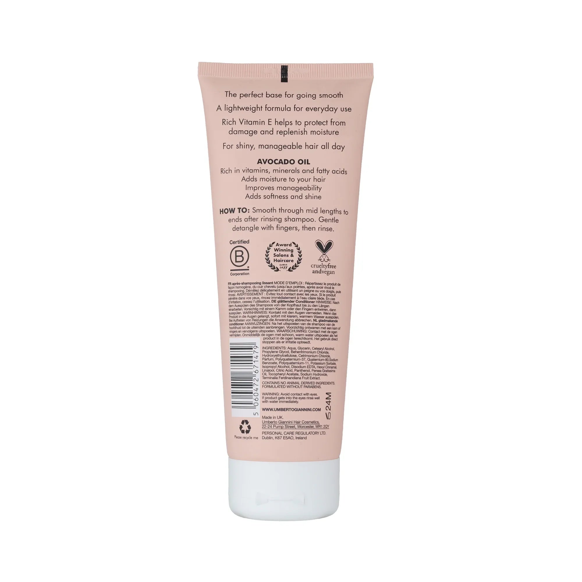 Back of Salon Smooth Conditioner tube with avocado oil, vitamin E, cruelty-free, and usage instructions
