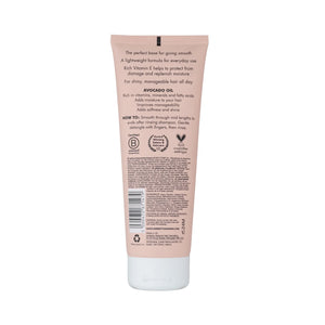 Back of Salon Smooth Conditioner tube with avocado oil, vitamin E, cruelty-free, and usage instructions