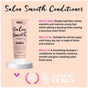 Umberto Giannini Salon Smooth Conditioner tube on stand with details on hydration, smoothing frizzy dry hair, cruelty free