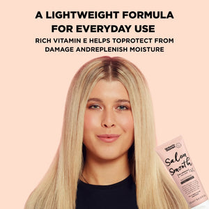 Woman with long smooth blonde hair promoting Umberto Giannini Salon Smooth smoothing conditioner with vitamin E