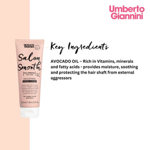 Umberto Giannini Salon Smooth Smoothing Conditioner tube highlighting avocado oil for moisturizing and protecting hair