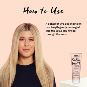 Woman with sleek blonde hair demonstrating use of Umberto Giannini Salon Smooth smoothing shampoo with application instructions