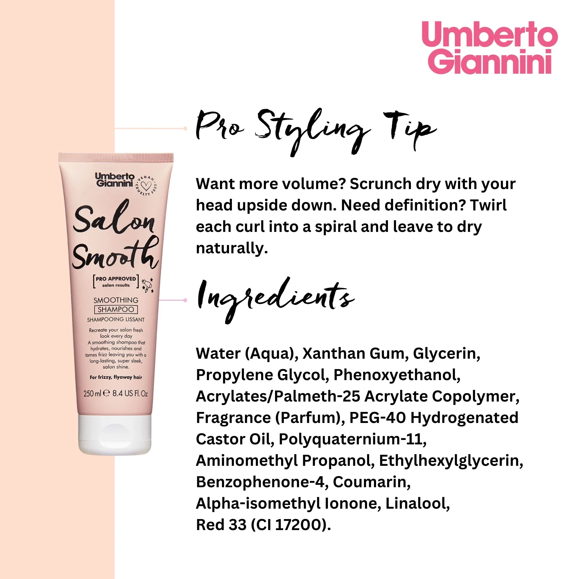 Umberto Giannini Salon Smooth smoothing shampoo tube with pro styling tips and ingredient list on pink and white background