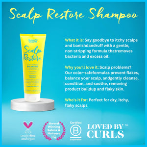 Umberto Giannini Scalp Restore Balancing Shampoo tube on pedestal with product benefits and cruelty-free, vegan, B Corporation logos