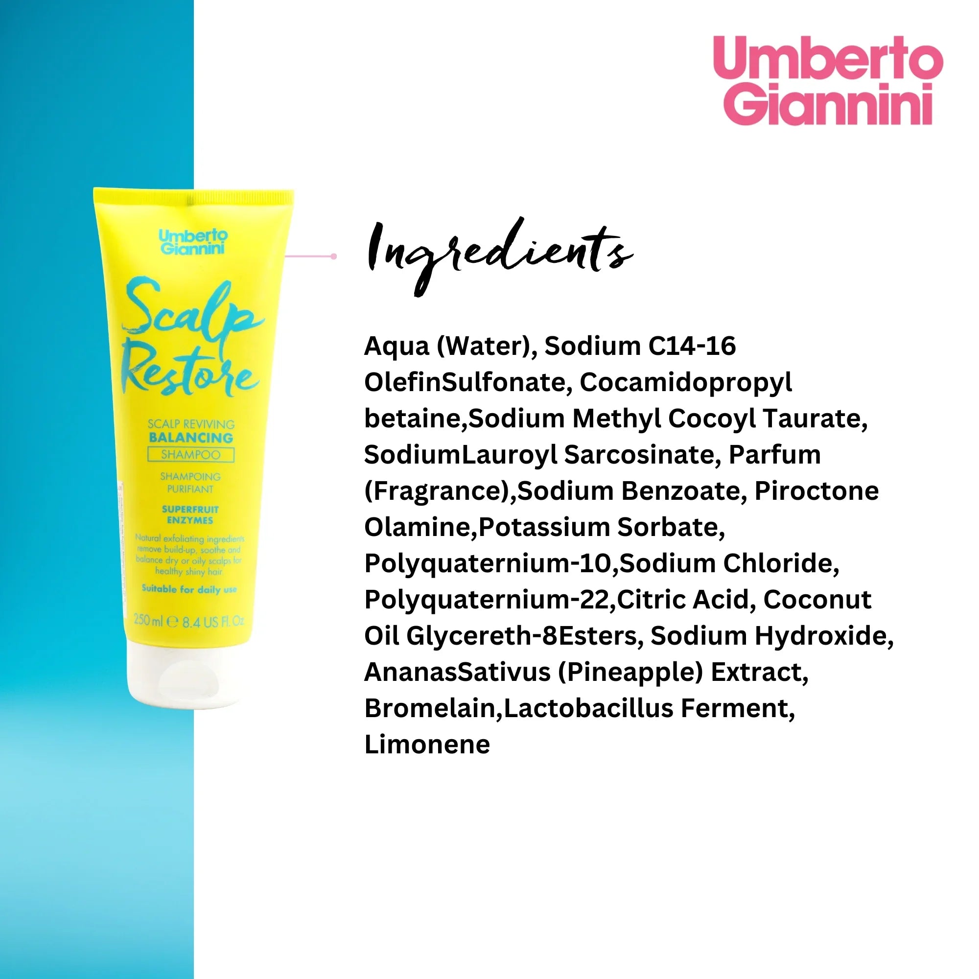 Umberto Giannini Scalp Restore Balancing Shampoo tube with ingredients list on blue and white background