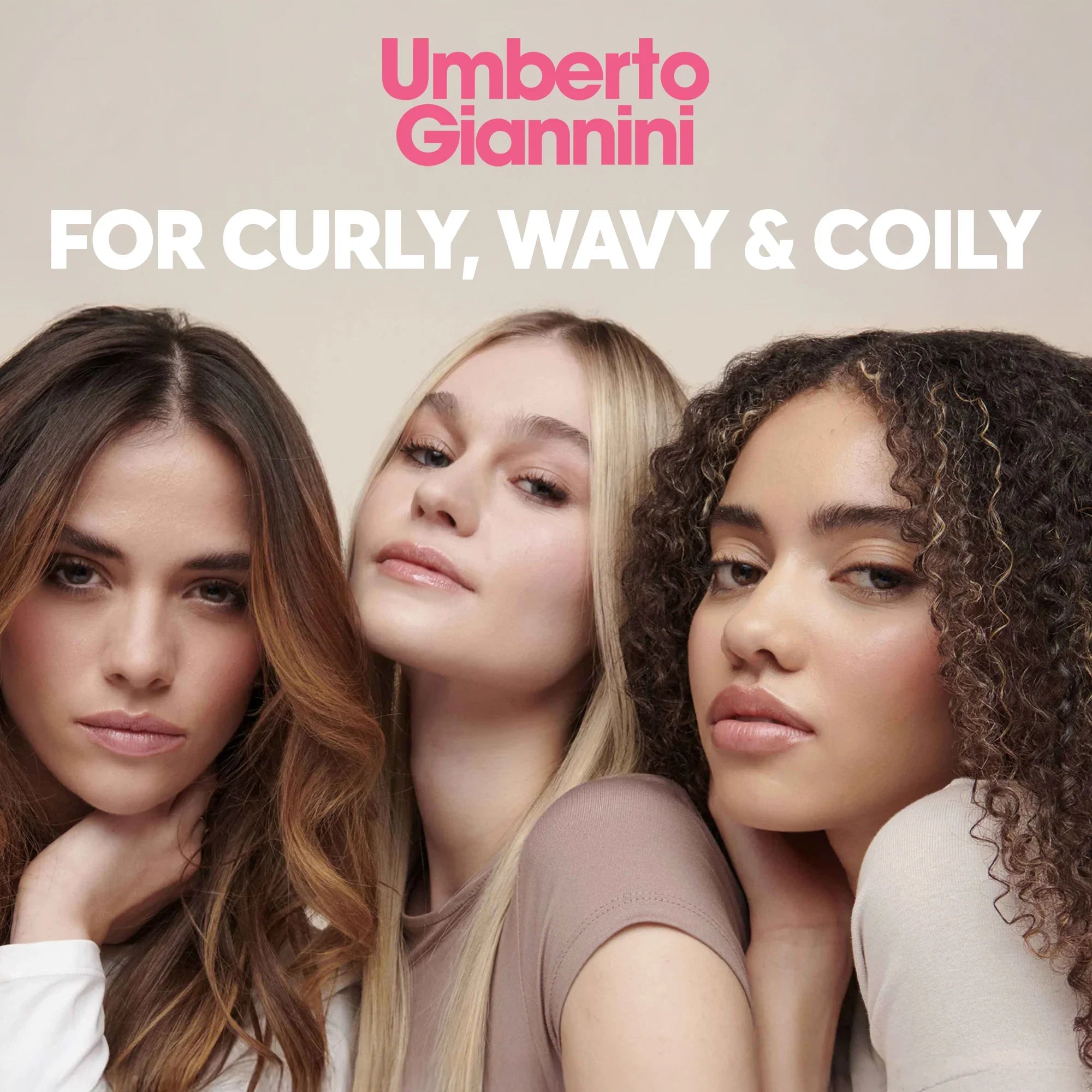 Three women with curly, wavy, and straight hair modeling Umberto Giannini haircare products