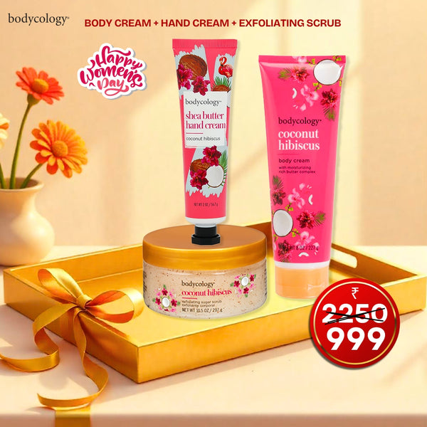 Women’s Day special Bodycology Self-Care Gift Hamper featuring Coconut Hibiscus Exfoliating Sugar Scrub, Shea Butter Hand Cream, and Body Cream, elegantly arranged with a luxurious and tropical-themed background.