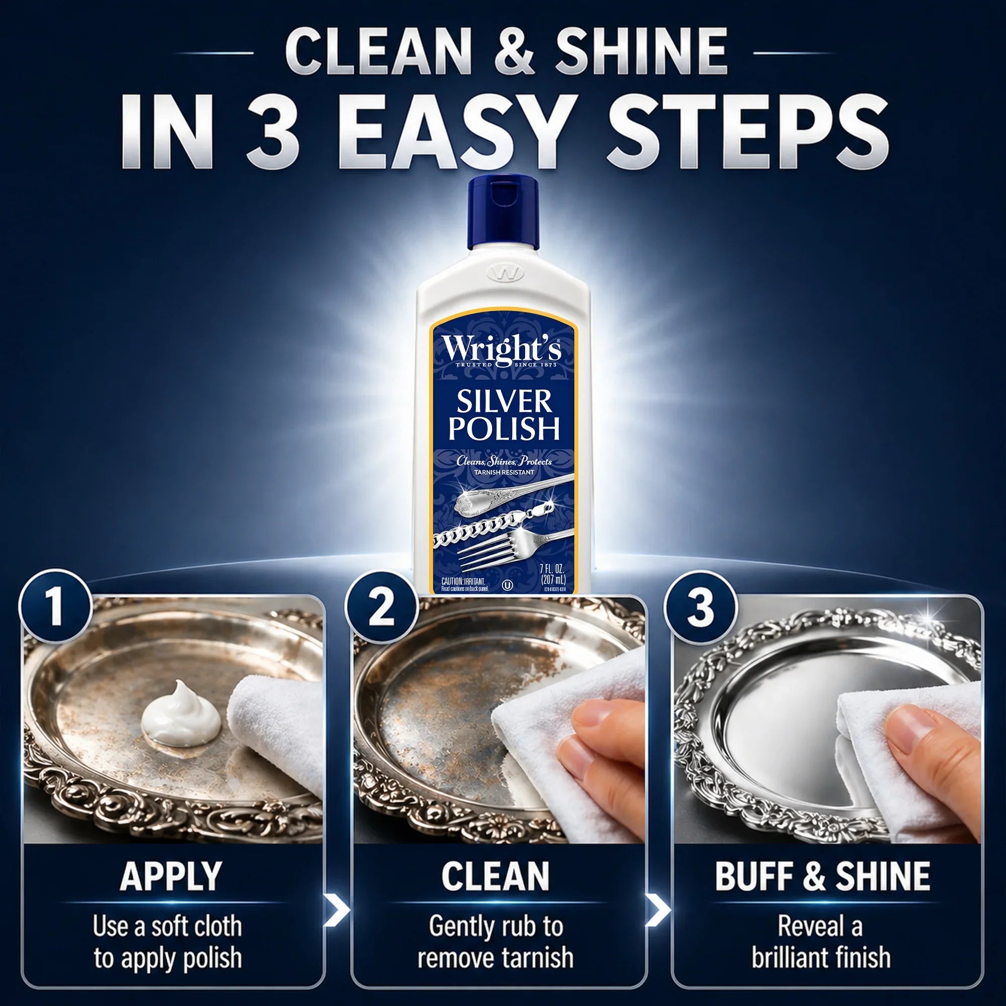 Wright's Silver Polish: Clean & shine in 3 easy steps—apply, clean, buff for brilliant finish.