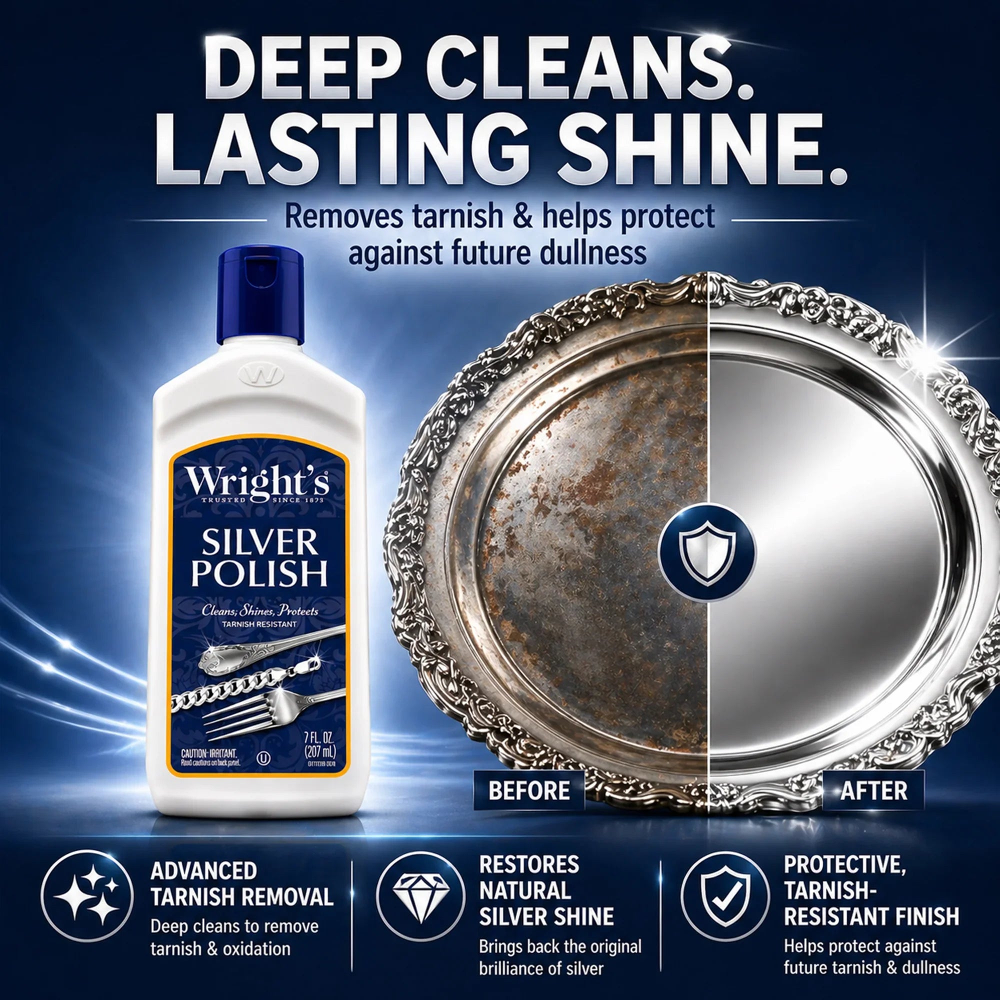Wright's Silver Polish removes tarnish, restores shine, and protects silverware with lasting brilliance.