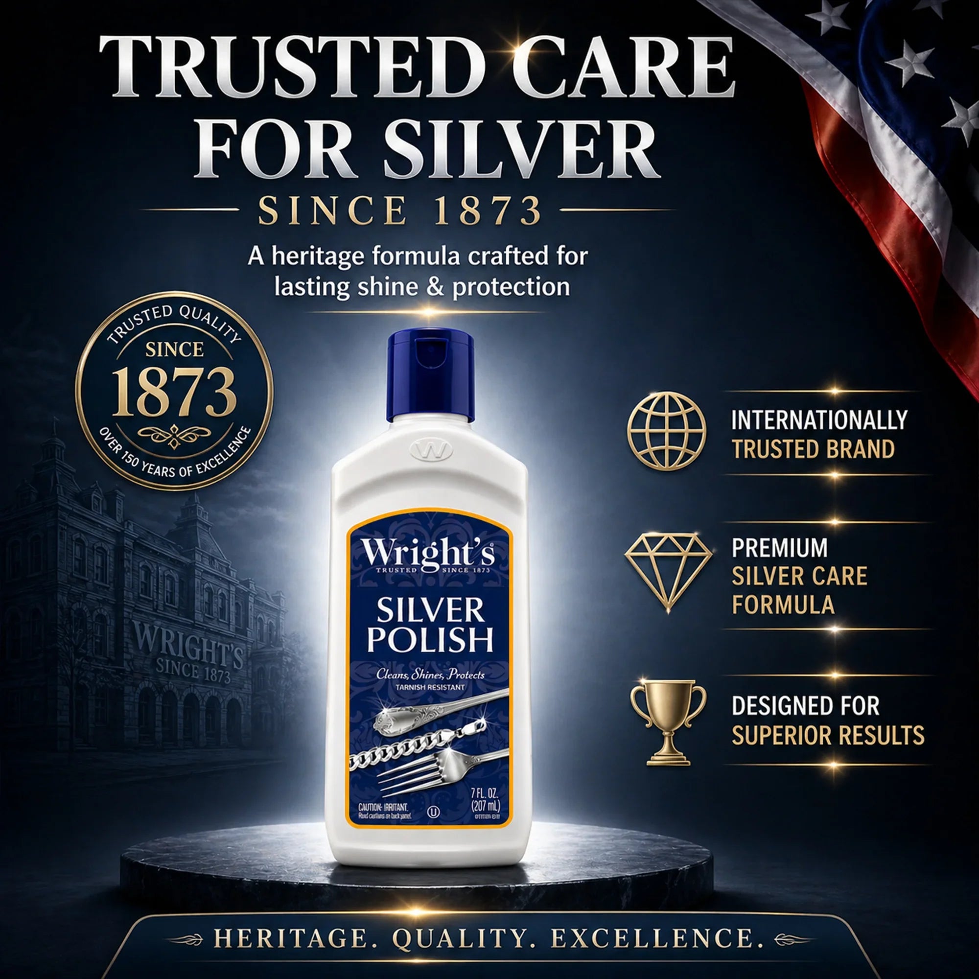 Wright's Silver Polish bottle, premium silver care formula since 1873, trusted for shine & protection