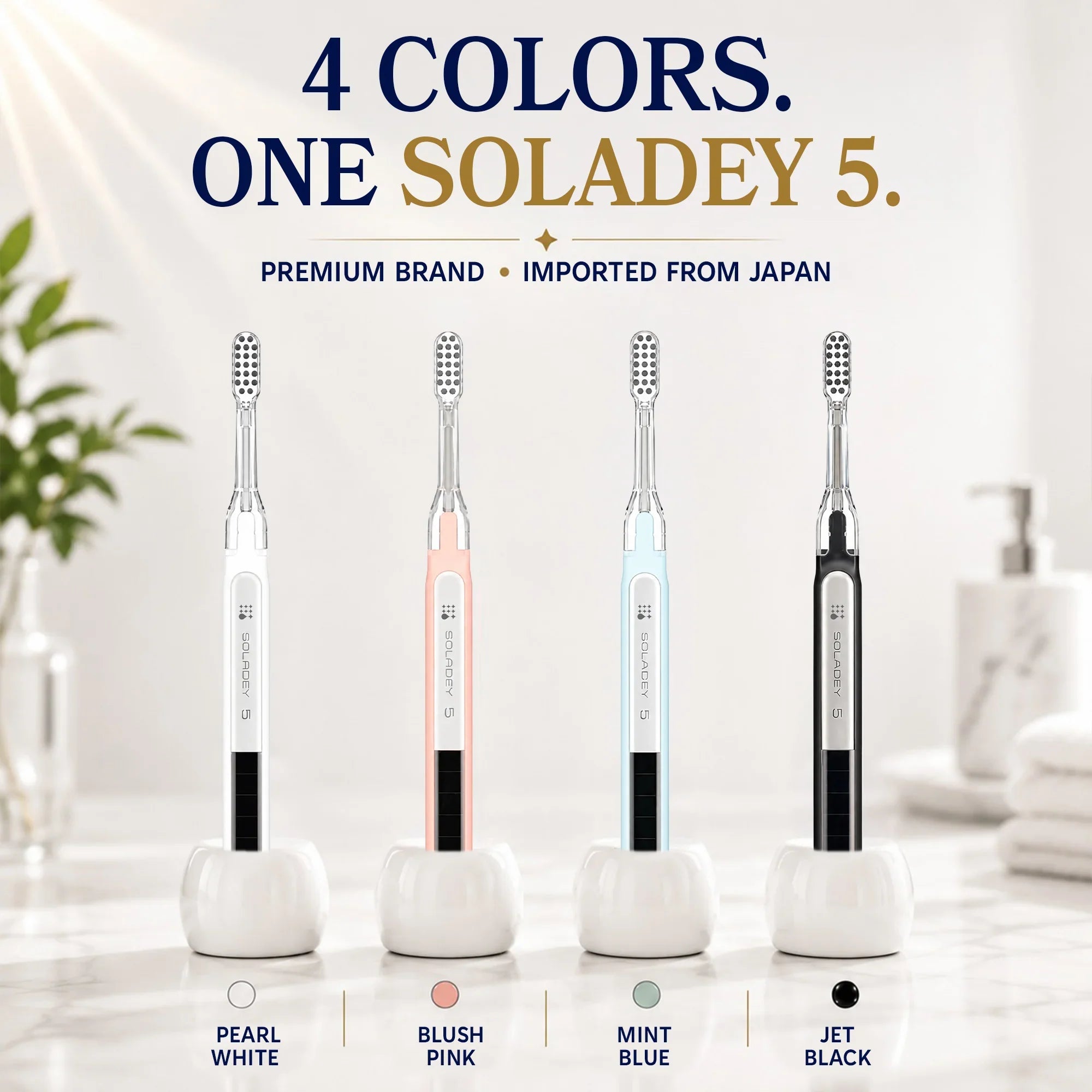 Four Soladey 5 toothbrushes in Pearl White, Blush Pink, Mint Blue, and Jet Black colors.