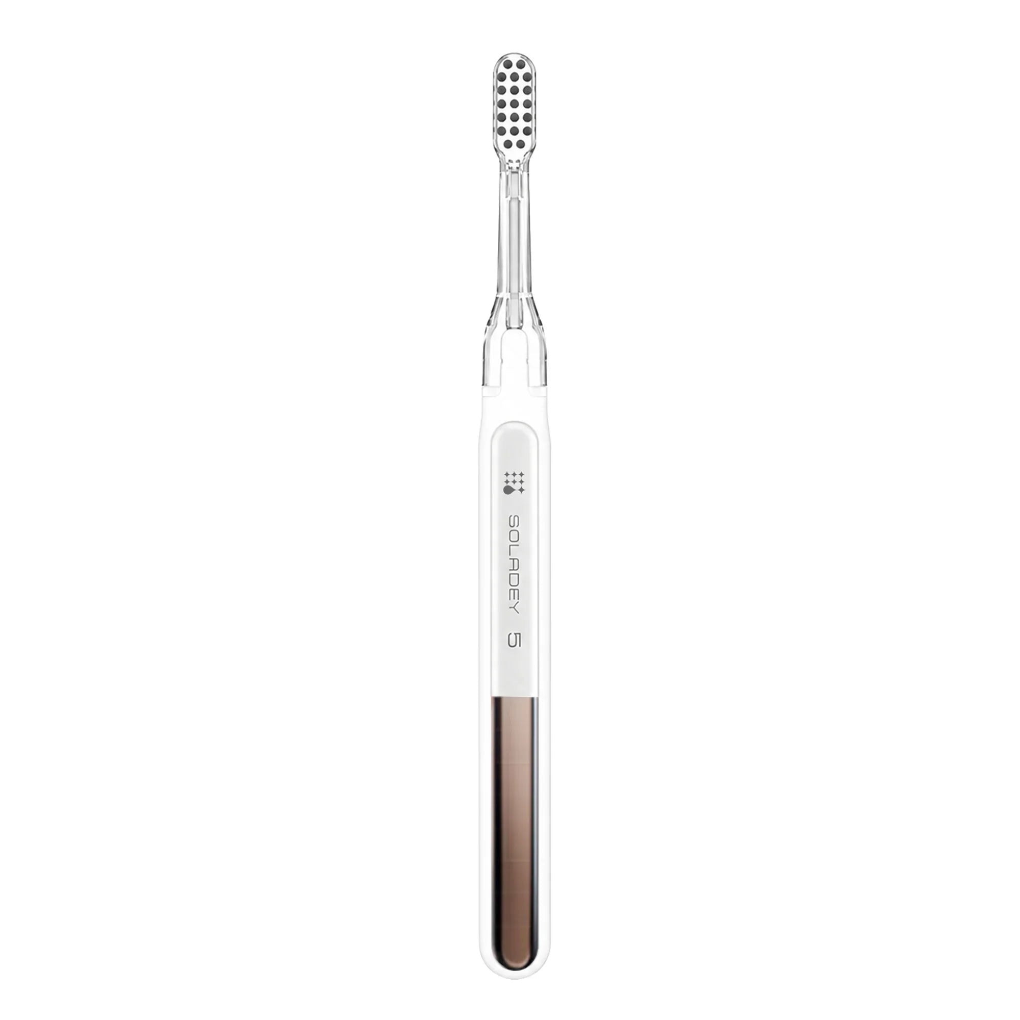 Soladey S electric toothbrush with white handle and brown accent on white background