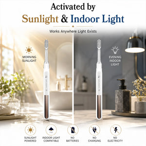 Solar-powered electric toothbrush activated by sunlight and indoor light.