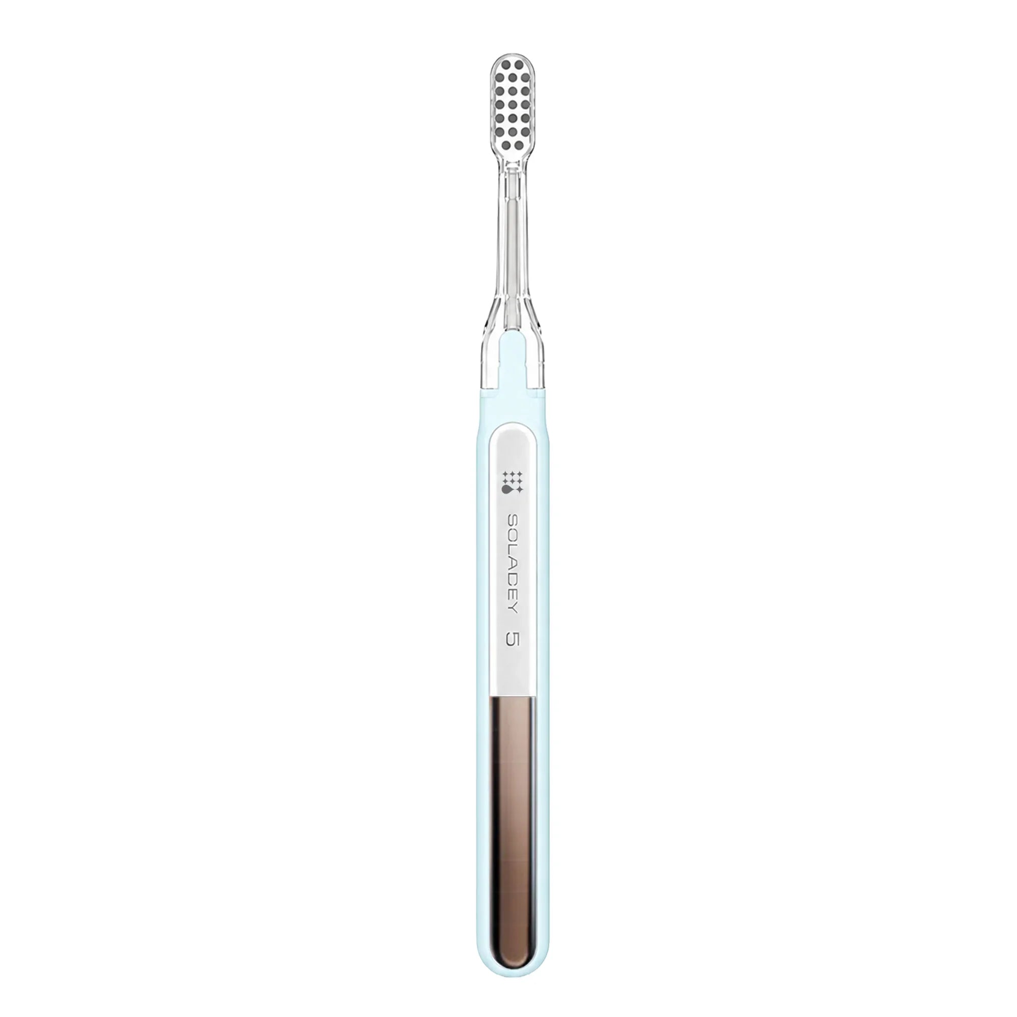 Soladey S electric toothbrush with light blue handle and silver accents on white background