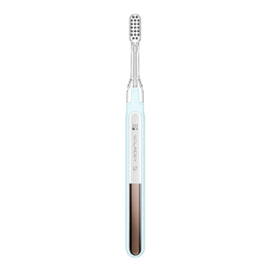 Soladey S electric toothbrush with light blue handle and silver accents on white background
