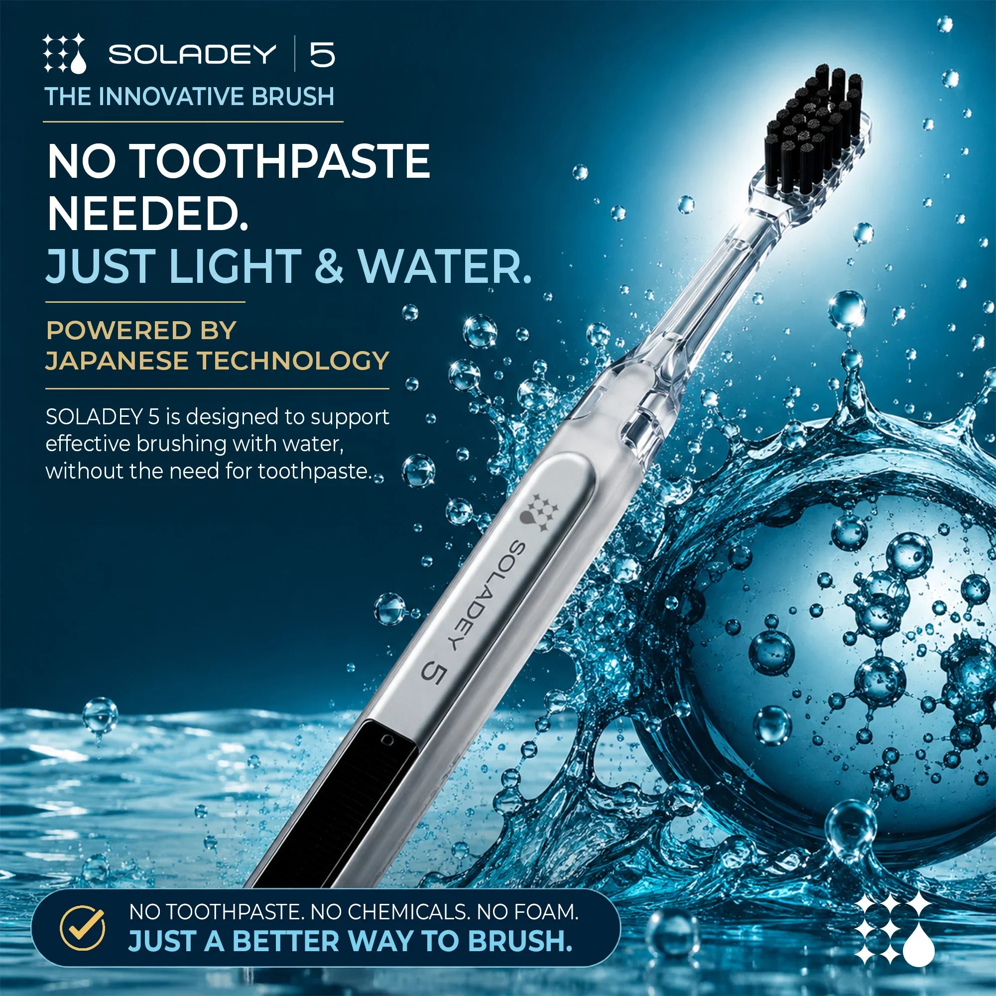 Soladey 5 toothpaste-free toothbrush with water splashes, highlighting Japanese technology.