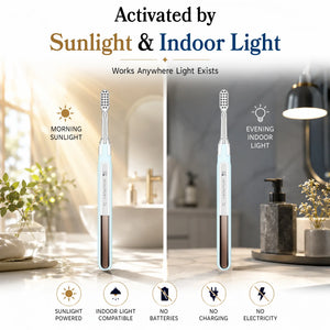 Soladey 5 light-activated toothbrush showing performance in sunlight and indoor light.