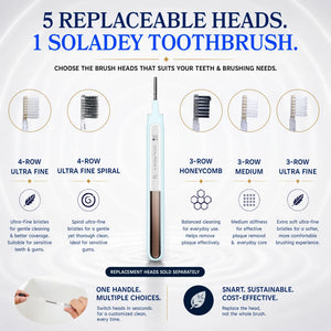Soladey toothbrush handle with five interchangeable replacement brush head options.