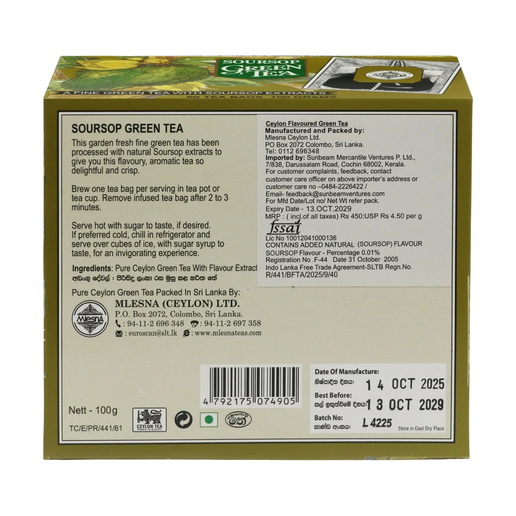 Back of Soursop Green Tea 100g box with product details, ingredients, and instructions
