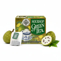 Soursop green tea box with tea bag, fresh soursop fruit, and tea leaves on white background.