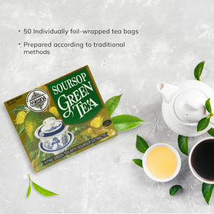 Soursop green tea box with teapot, cups of tea, and green leaves on a marble surface