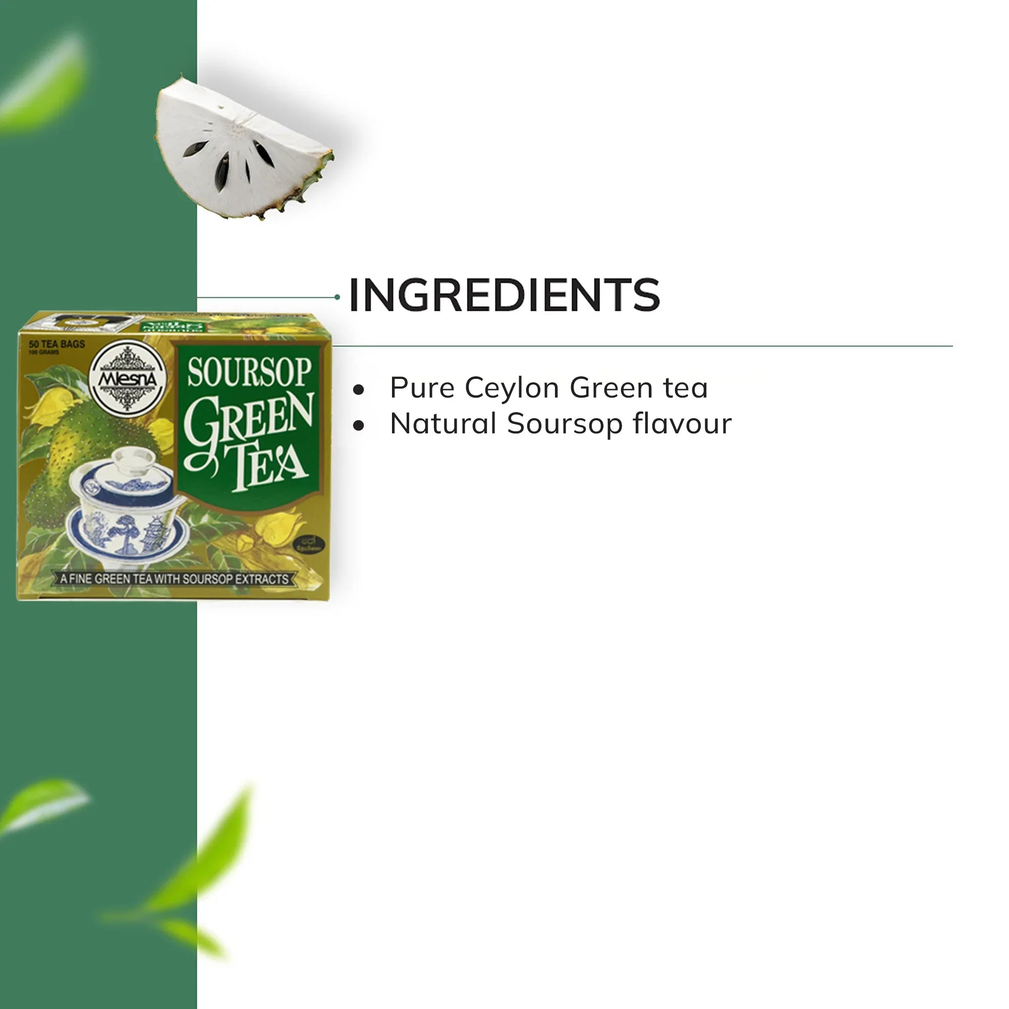 Soursop green tea box with soursop fruit slice and ingredients list on white background