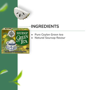 Soursop green tea box with soursop fruit slice and ingredients list on white background