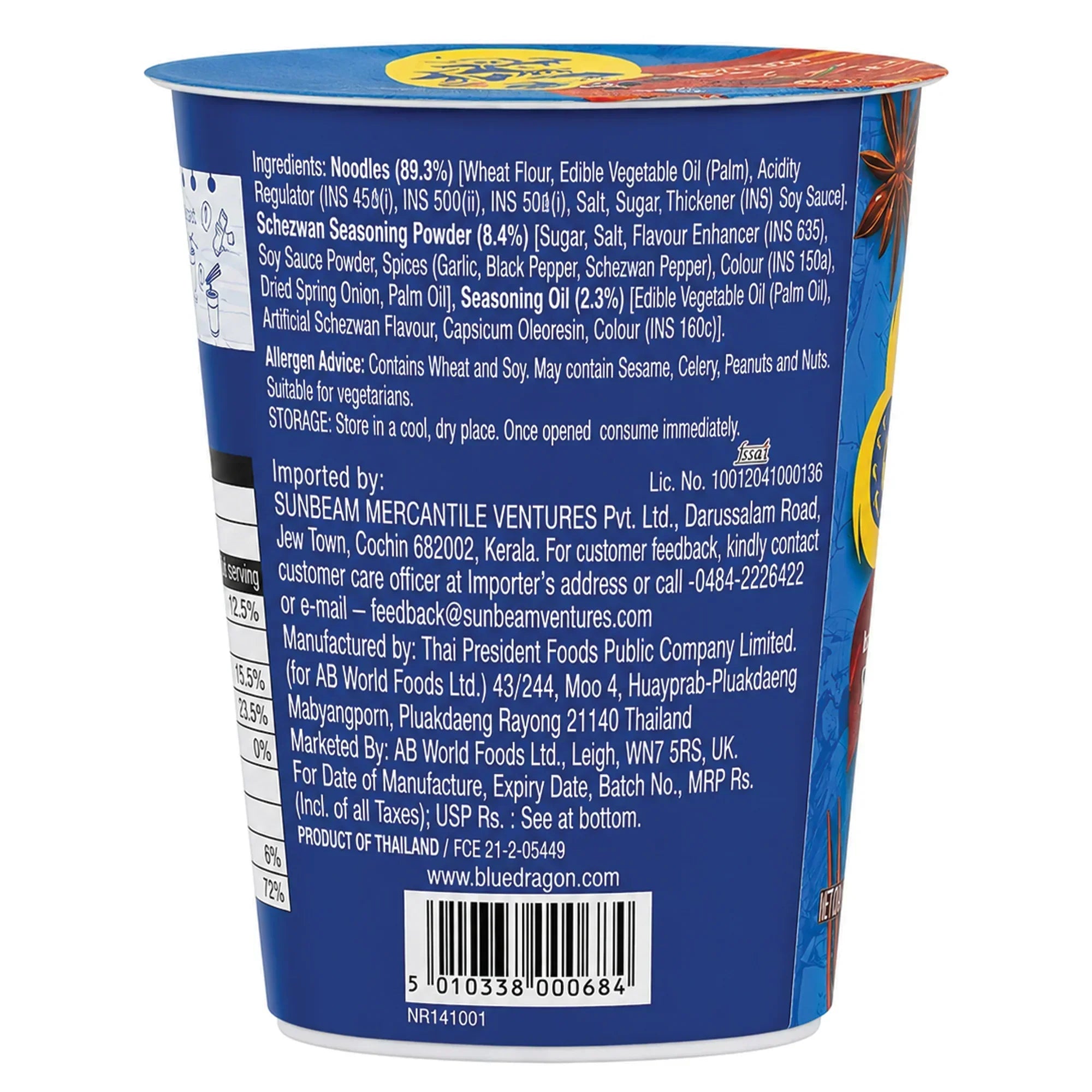 Blue Dragon Schezwan Noodles cup back view showing ingredients, allergen info, and import details for Sunbeam Mercantile Ventures
