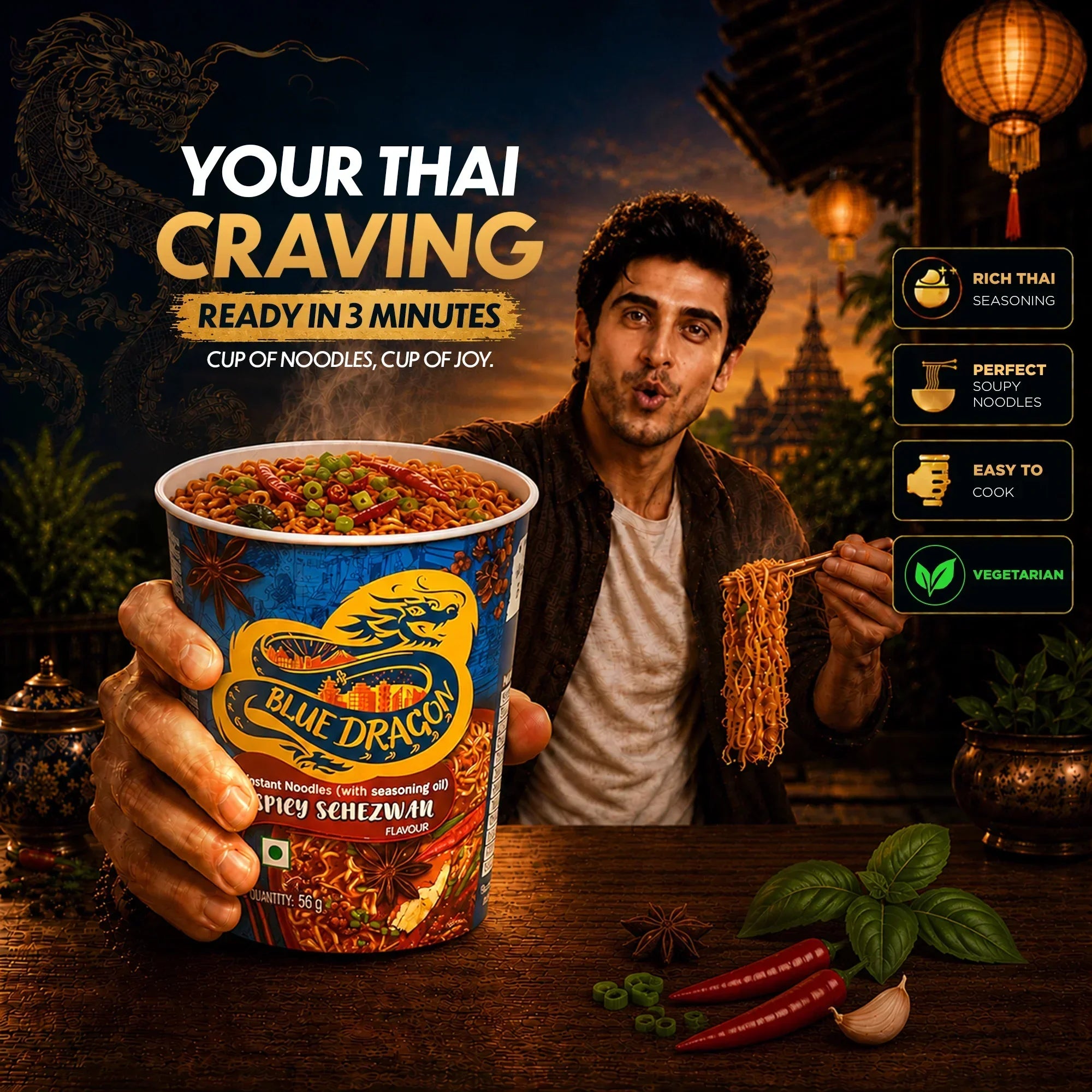 Blue Dragon Spicy Schezwan Instant Noodles with rich Thai seasoning, perfect soupy noodles, easy to cook, vegetarian