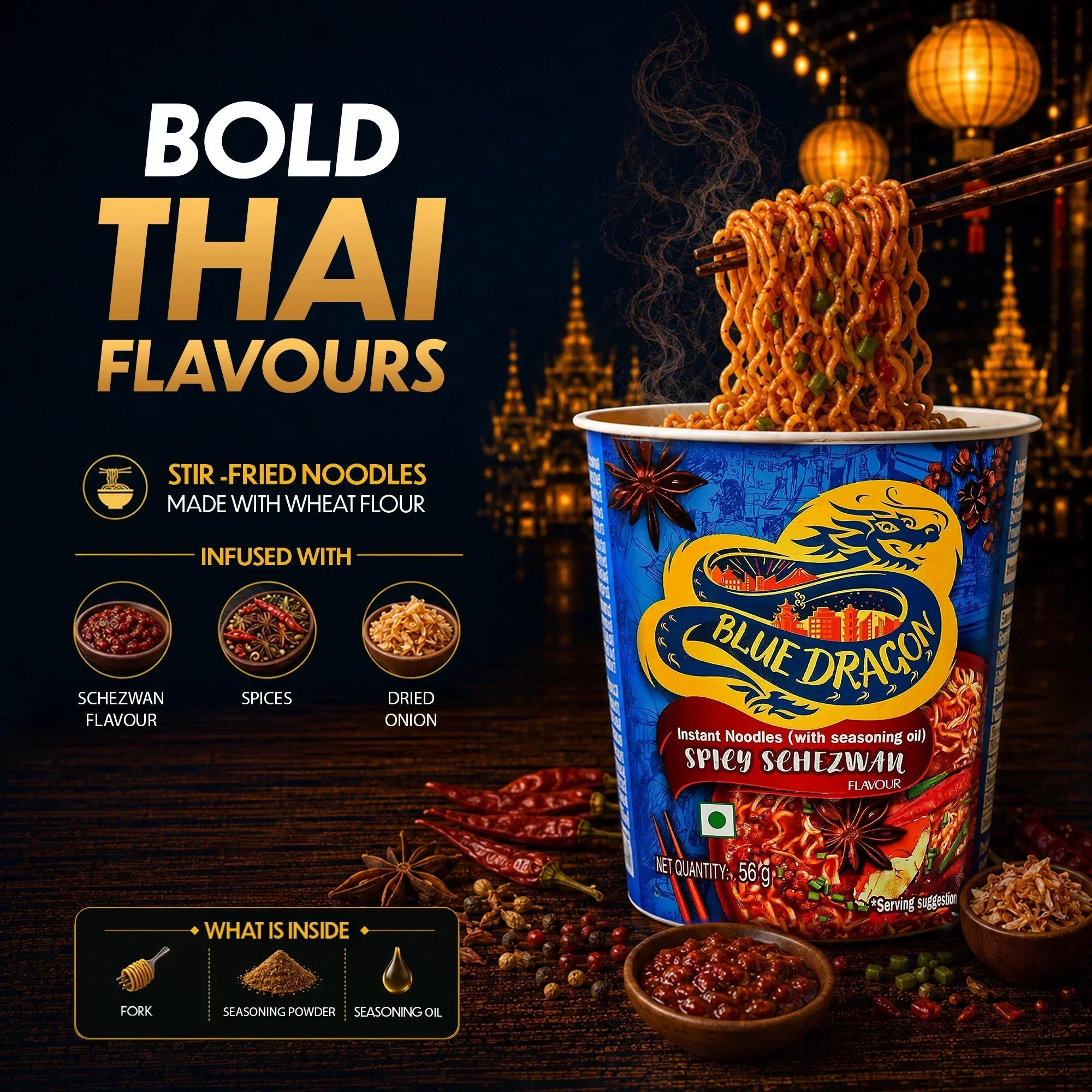 Blue Dragon Spicy Schezwan Instant Noodles with bold Thai flavours, wheat flour, spices, and seasoning oil