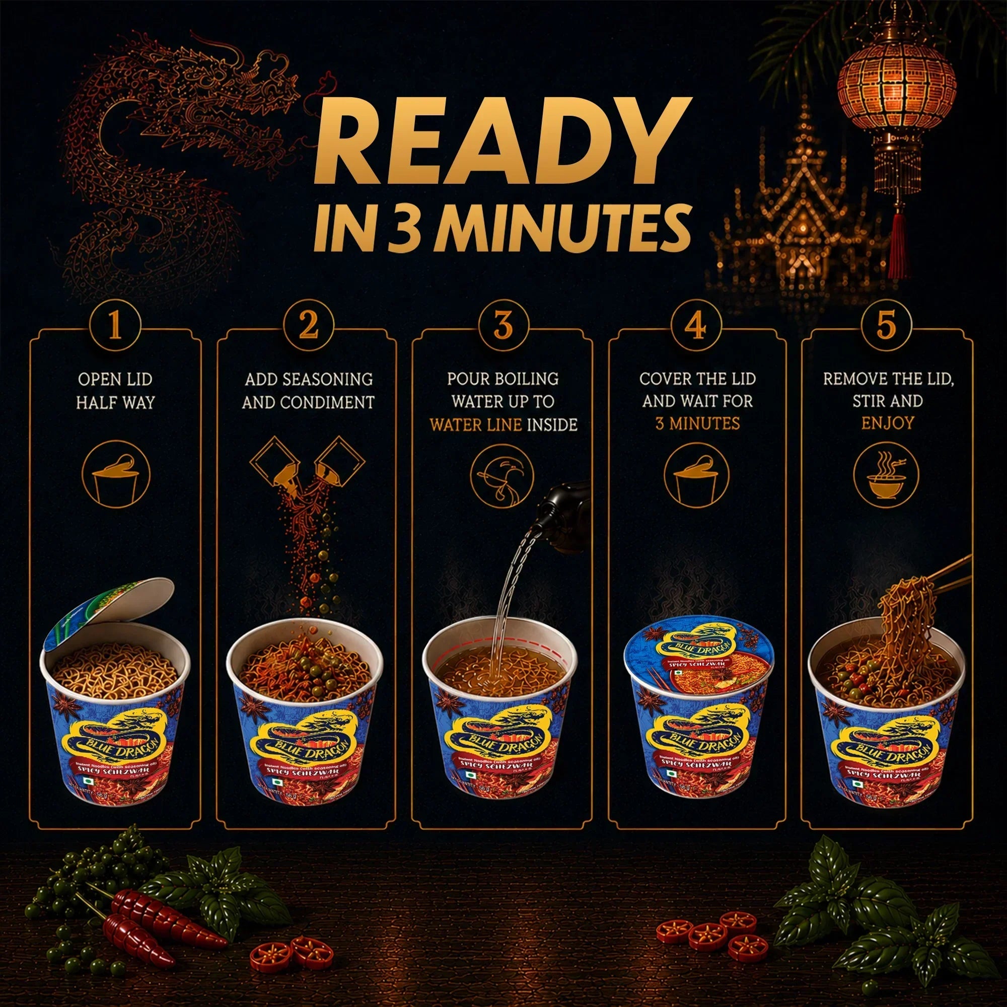 Blue Dragon Spicy Schezwan instant noodles preparation steps, ready in 3 minutes with Asian lantern and dragon decor