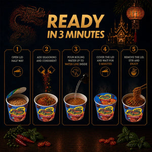 Blue Dragon Spicy Schezwan instant noodles preparation steps, ready in 3 minutes with Asian lantern and dragon decor