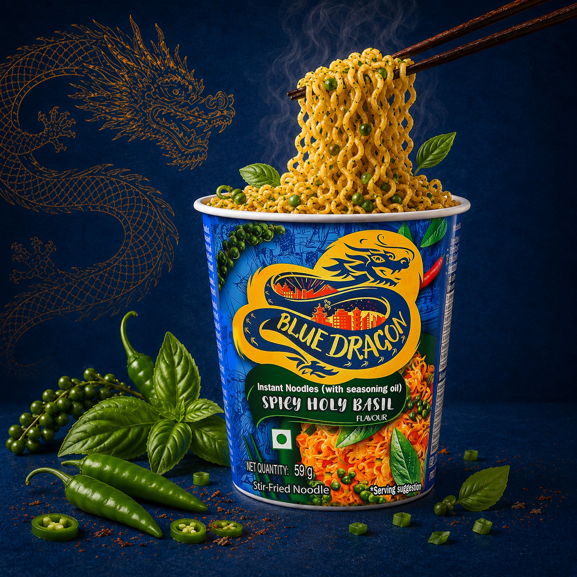 Blue Dragon instant noodles with spicy holy basil flavor on a dark background