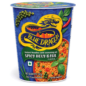 Blue Dragon Spicy Holy Basil Instant Noodles cup with basil, chili, and green peppercorns, 59g
