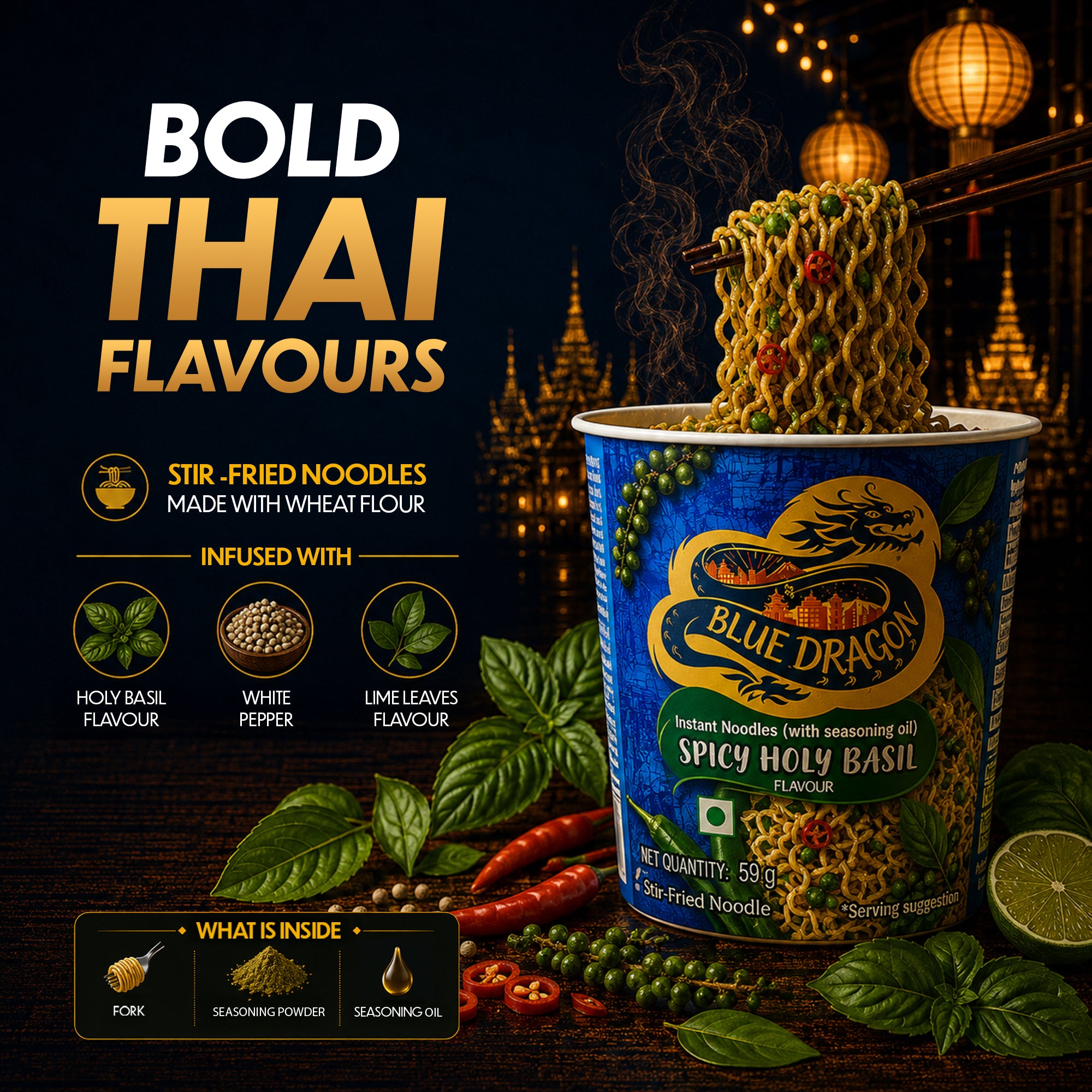 Blue Dragon Spicy Holy Basil instant noodles with ingredients and text on a dark background