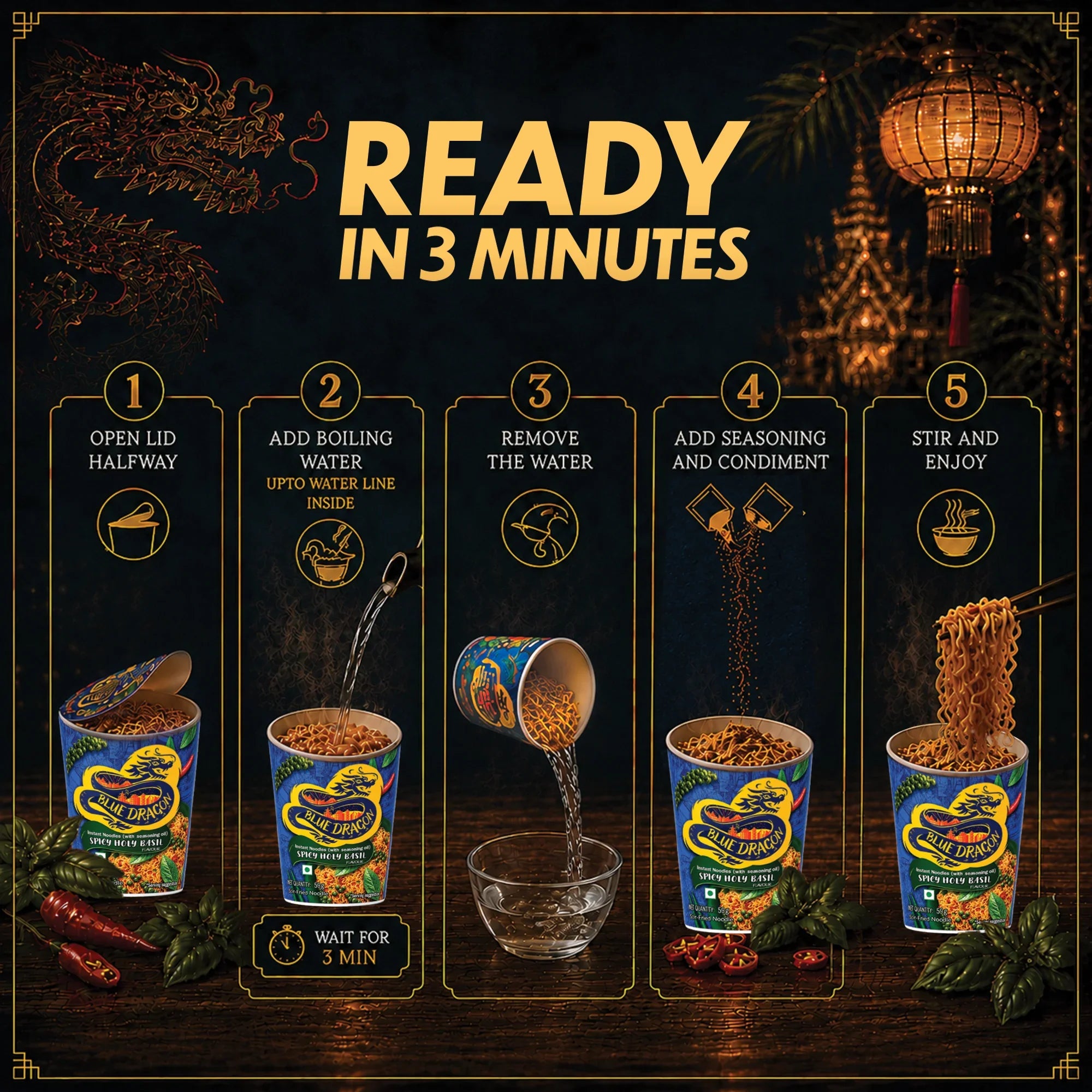 Step-by-step guide for preparing a instant noodle dish with a dark background and decorative elements.
