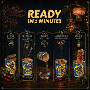 Step-by-step guide for preparing a instant noodle dish with a dark background and decorative elements.