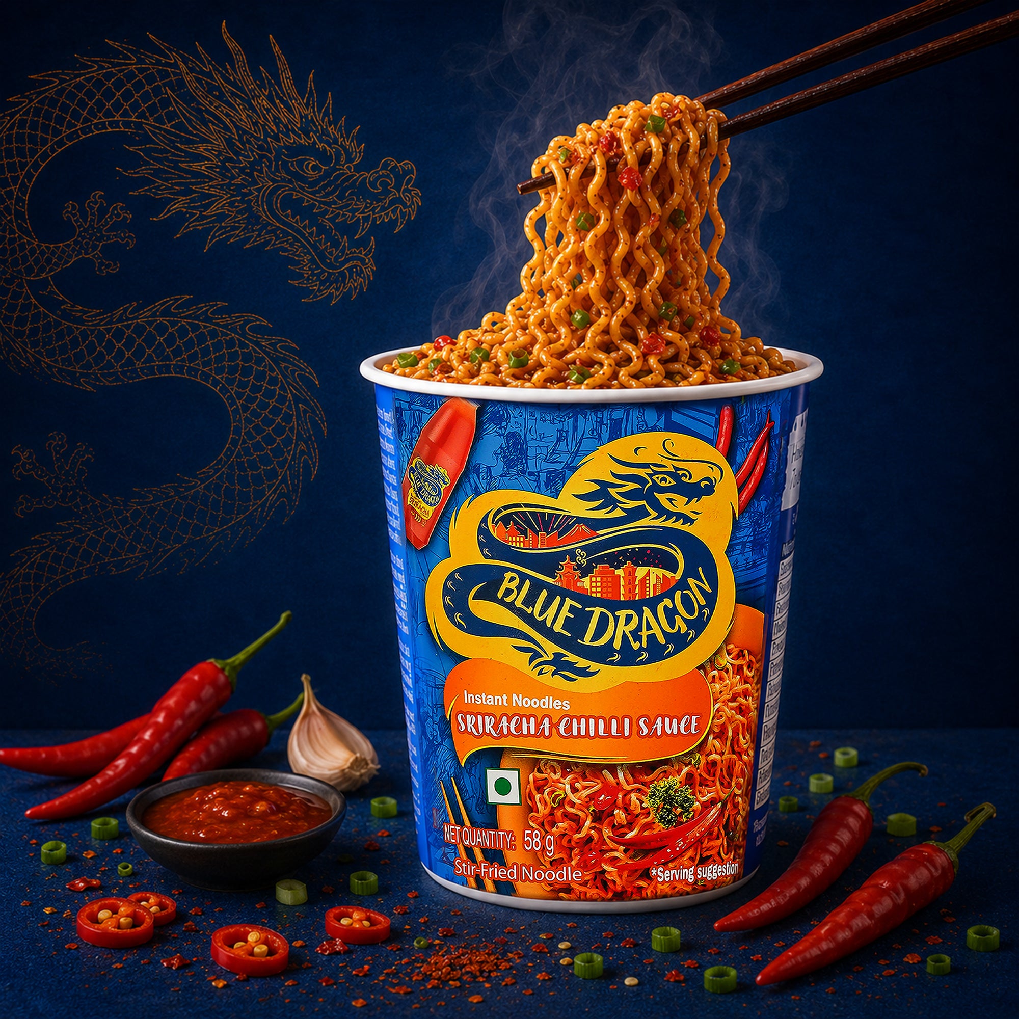 Blue Dragon instant noodles with chopsticks lifting noodles, surrounded by peppers and garlic on a dark background.